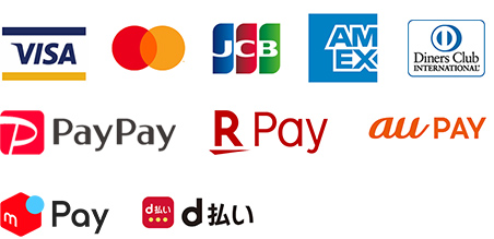 VISA, Master, JCB, AMEX, Diners, Paypay, Rpay, au pay,メルペイ, d払い
